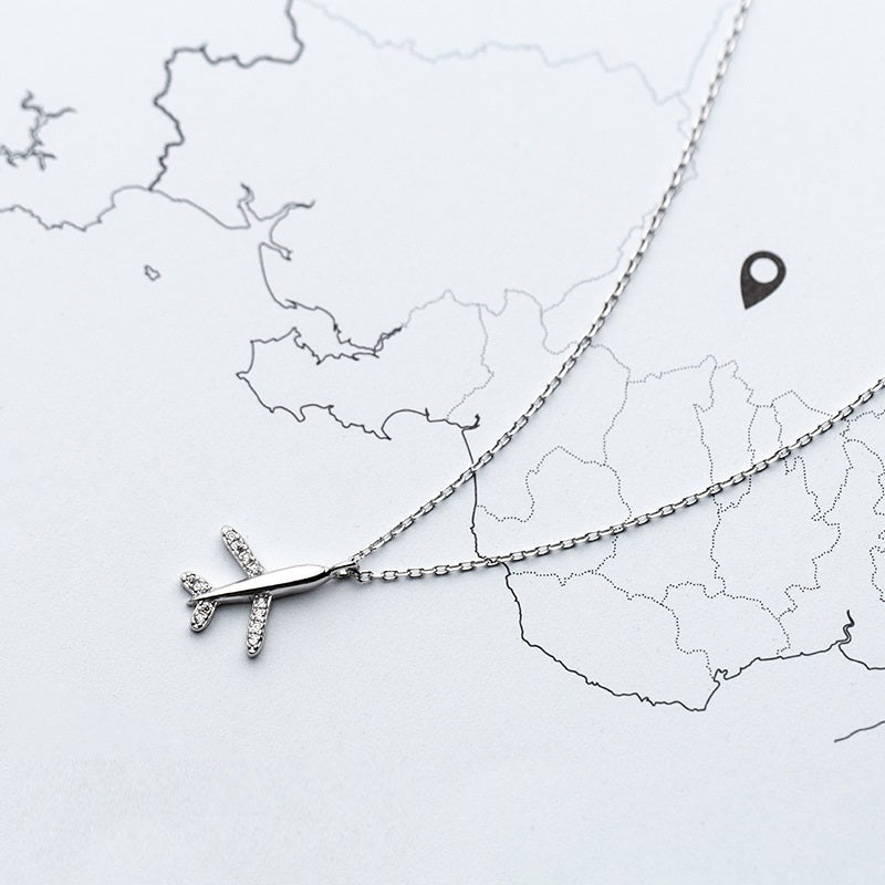 Silver Airplane Necklace with Zirconia Stone