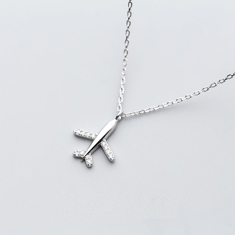 Silver Airplane Necklace with Zirconia Stone