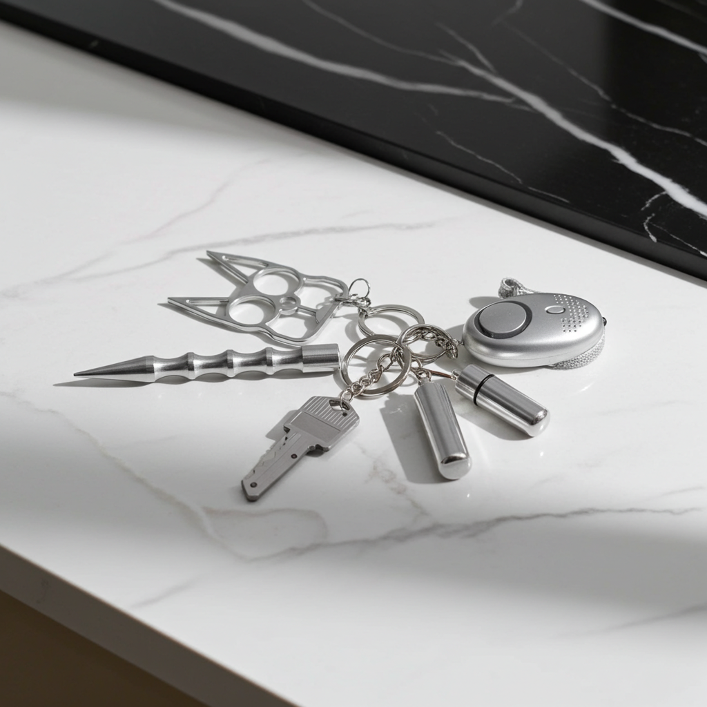 8-piece women’s self-defense keychain set in silver, including alarm, self-defense stick, window breaker, whistle, knife, knuckle tool, bottle holder, and pompom—all arranged neatly for display.