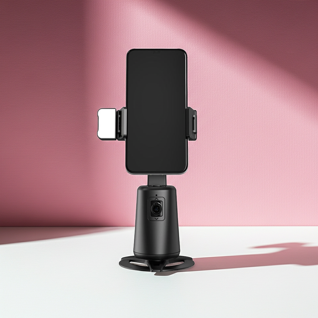 A200 Intelligent Face Tracking Phone Stand in black, showing AI-powered 360º rotation, gesture control, warm LED light, and built-in selfie stick for hands-free video recording.