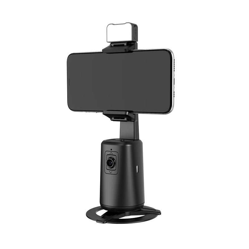  A200 Intelligent Face Tracking Phone Stand in black, showing AI-powered 360º rotation, gesture control, warm LED light, and built-in selfie stick for hands-free video recording. On white display background