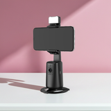 A200 Intelligent Face Tracking Phone Stand in black, showing AI-powered 360º rotation, gesture control, warm LED light, and built-in selfie stick for hands-free video recording.