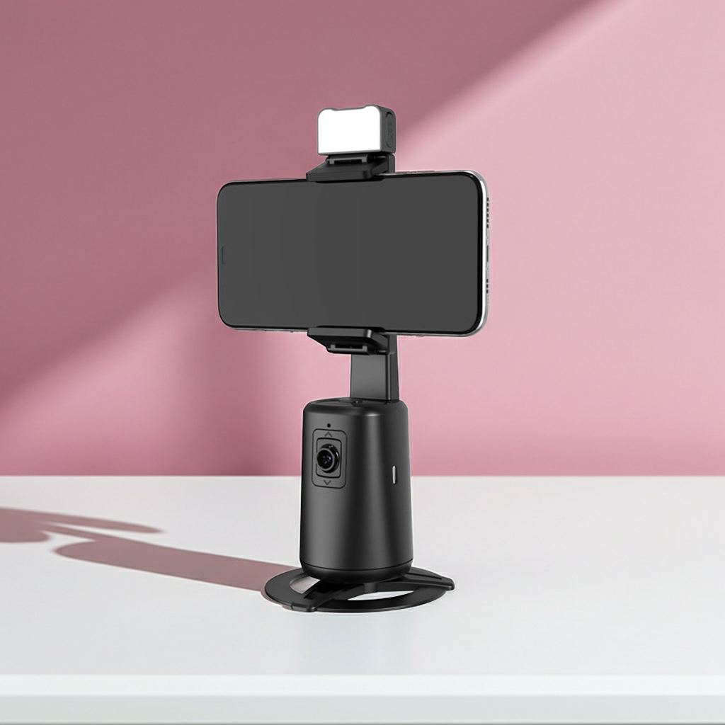 A200 Intelligent Face Tracking Phone Stand in black, showing AI-powered 360º rotation, gesture control, warm LED light, and built-in selfie stick for hands-free video recording.
