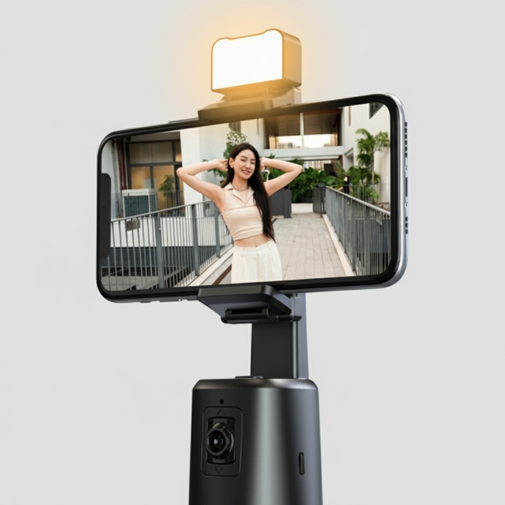 Smartphone with a mounted face tracking camera phone stand and light on a white background