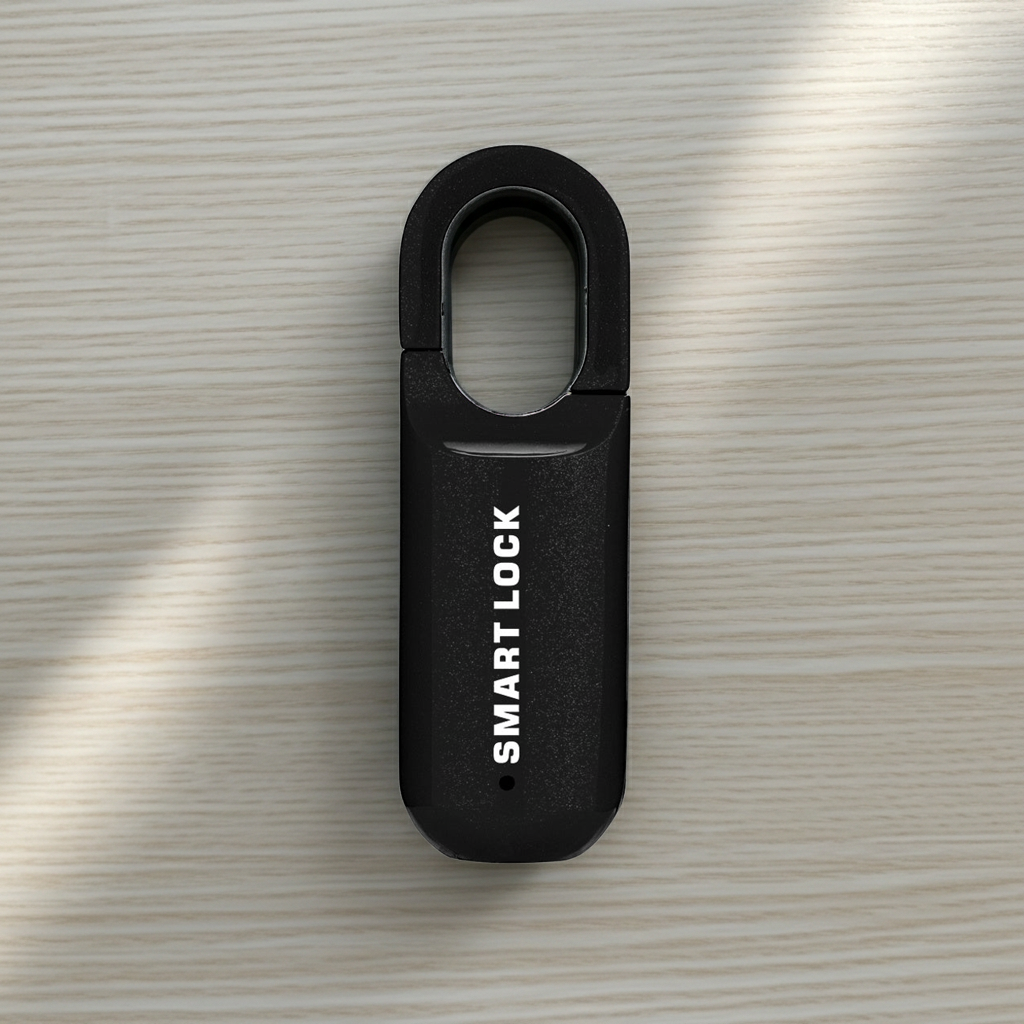 Black smart fingerprint lock on a textured surface