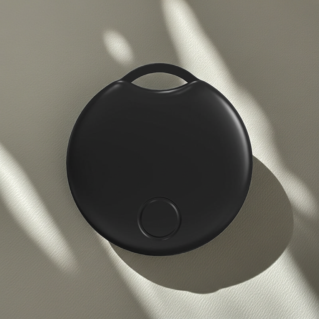 A Bluetooth GPS Tracker compatible with Apple devices on a beige surface with shadows