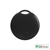 A black Bluetooth GPS tracker designed to be attached to items such as keys or bags, with a button visible on the side.