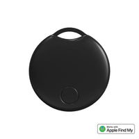 A black Bluetooth GPS tracker designed to be attached to items such as keys or bags, with a button visible on the side.