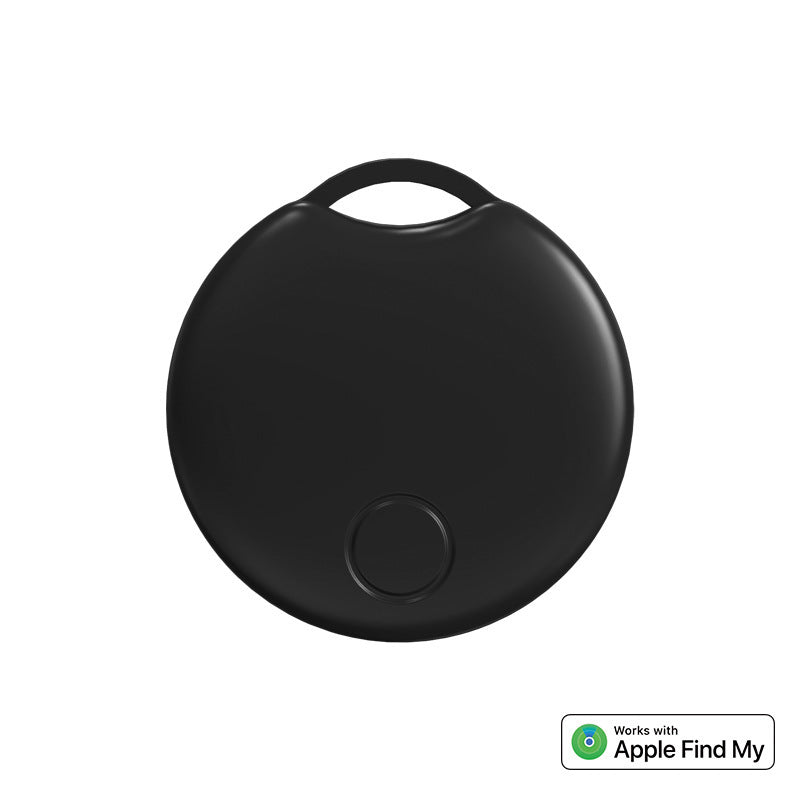 A black Bluetooth GPS tracker designed to be attached to items such as keys or bags, with a button visible on the side.