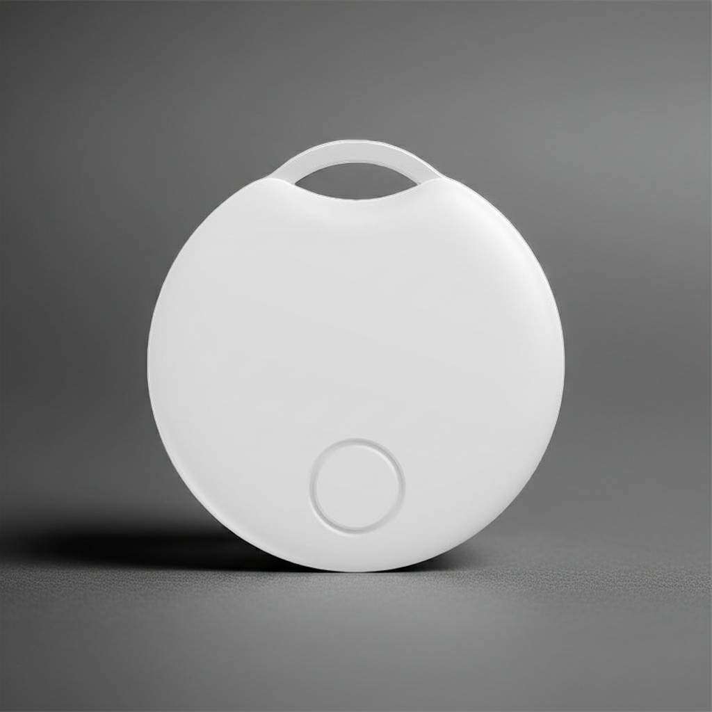 A white apple compatible GPS tracking device for locating items, bags, phones on a gray background
