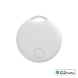 A white Bluetooth GPS tracker designed to be attached to items such as keys or bags, with a button visible on the side.