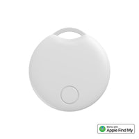 A white Bluetooth GPS tracker designed to be attached to items such as keys or bags, with a button visible on the side.