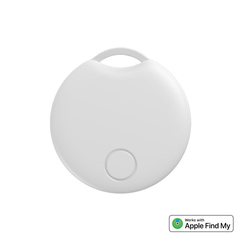 A white Bluetooth GPS tracker designed to be attached to items such as keys or bags, with a button visible on the side.