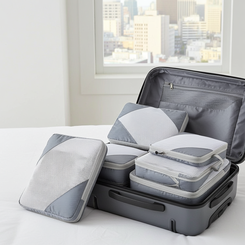 Set of gray and white packing cubes in an open suitcase with a cityscape in the background.