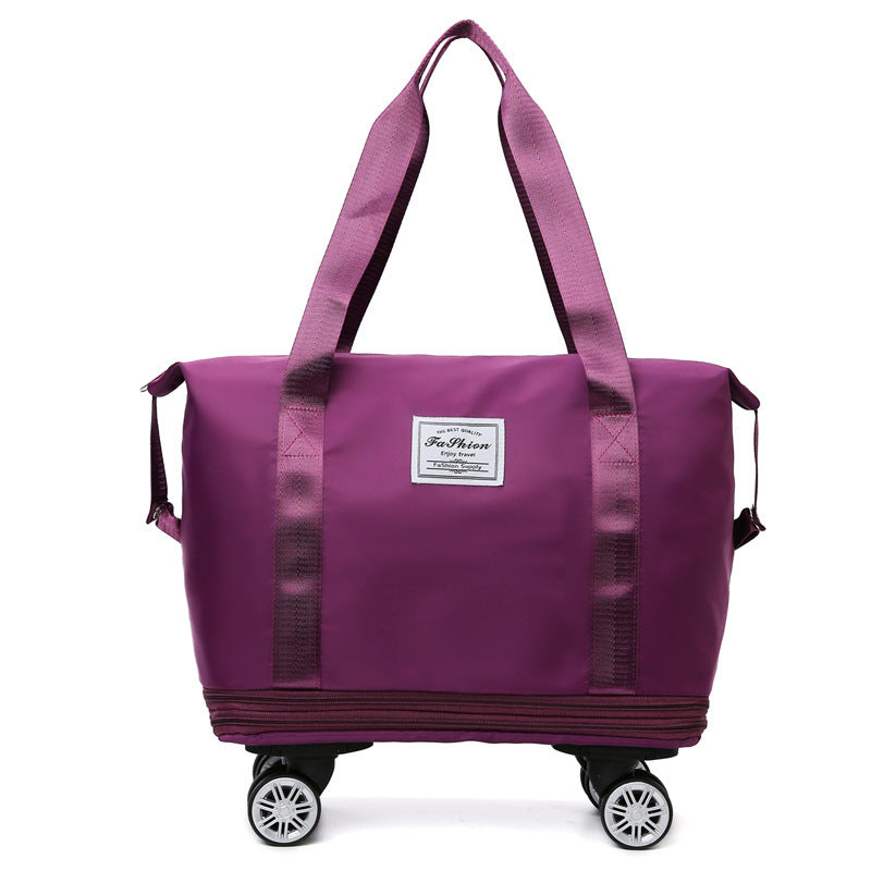 Expandable tote bag with removable wheels in deep purple