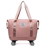 Pink rolling tote bag with wheels on a white background