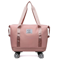 Pink rolling tote bag with wheels on a white background