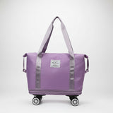 Purple rolling tote bag with wheels and a visible label on a white background