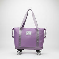 Purple rolling tote bag with wheels and a visible label on a white background