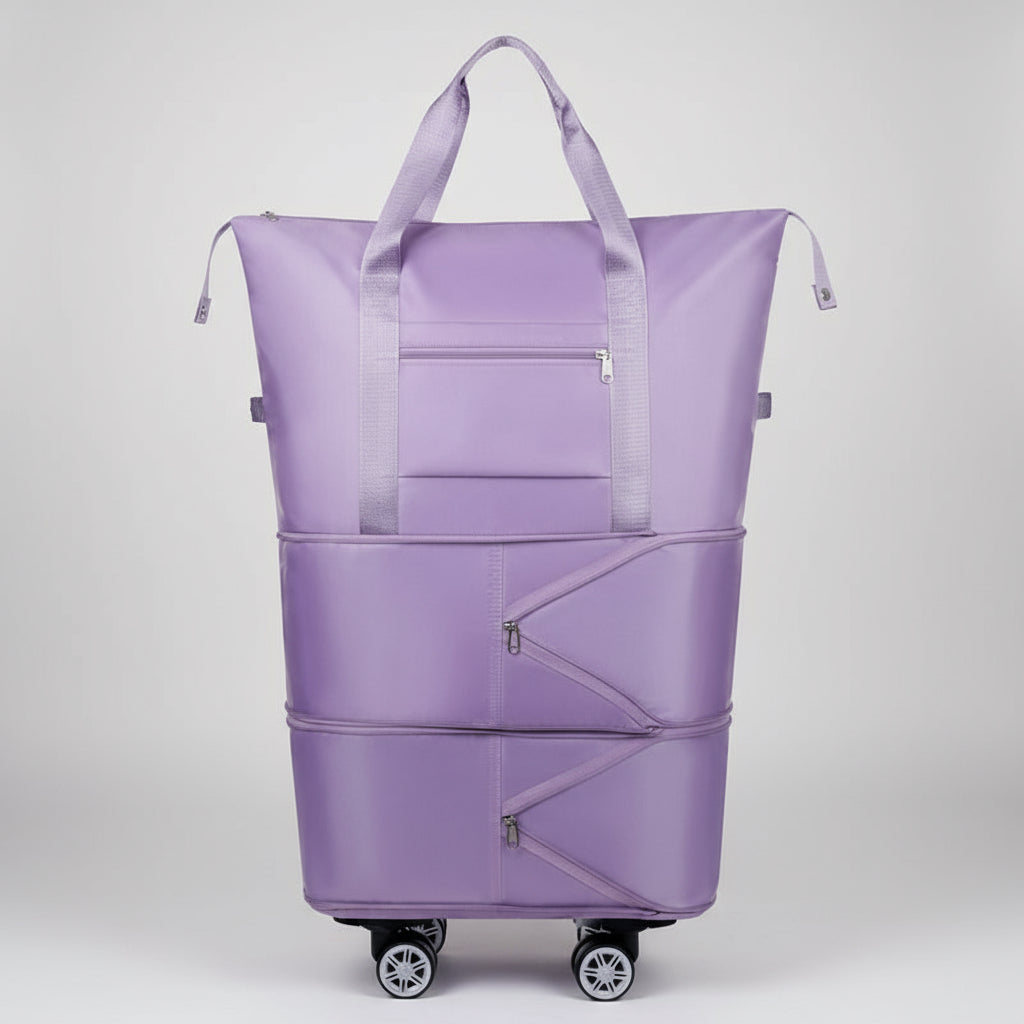 Purple expandable tote bag with wheels on a white background