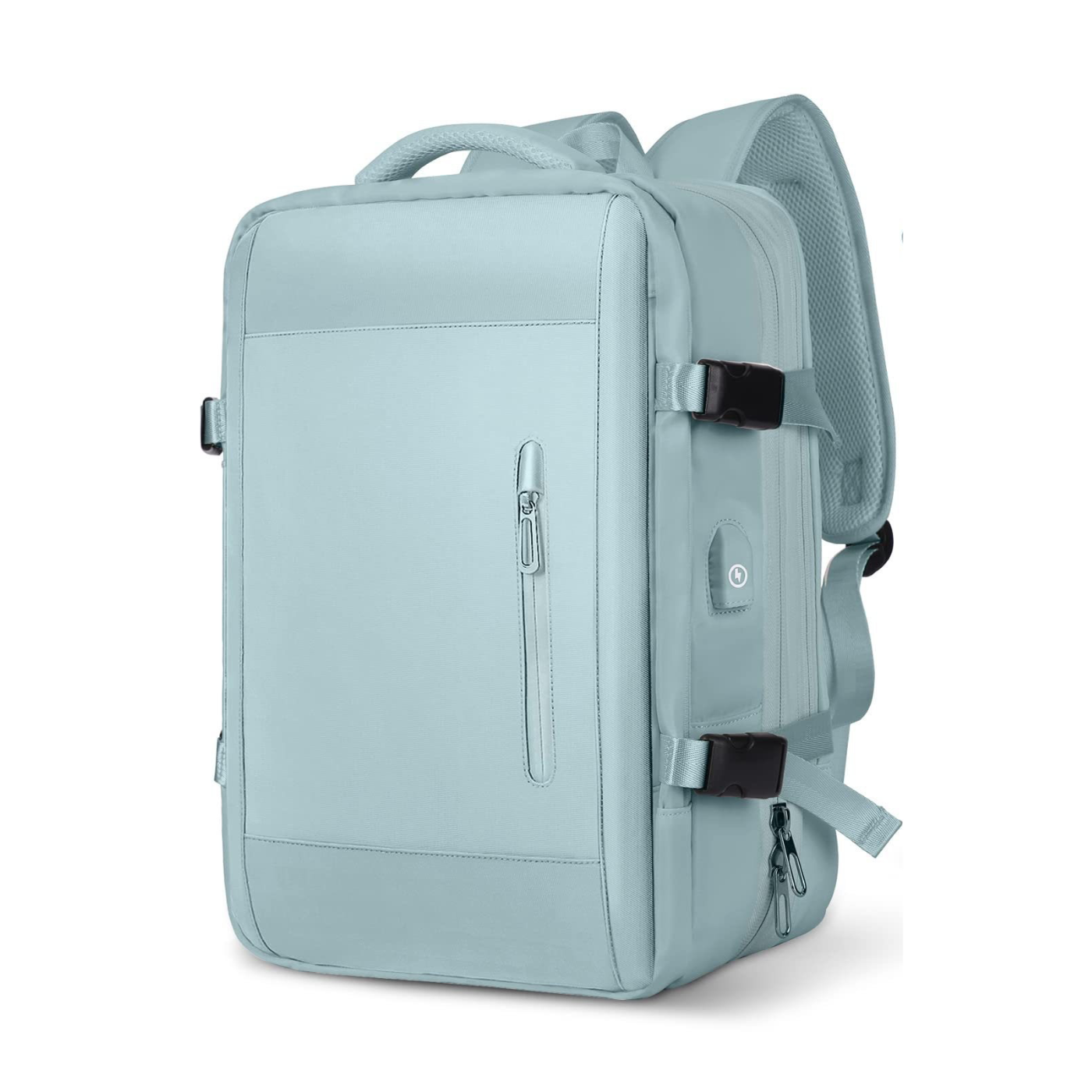 Expandable travel backpack in light blue, water-resistant with multiple compartments, feminine style, TSA zipper access, laptop pocket, shoe and wet item sections, and USB charging port. 
