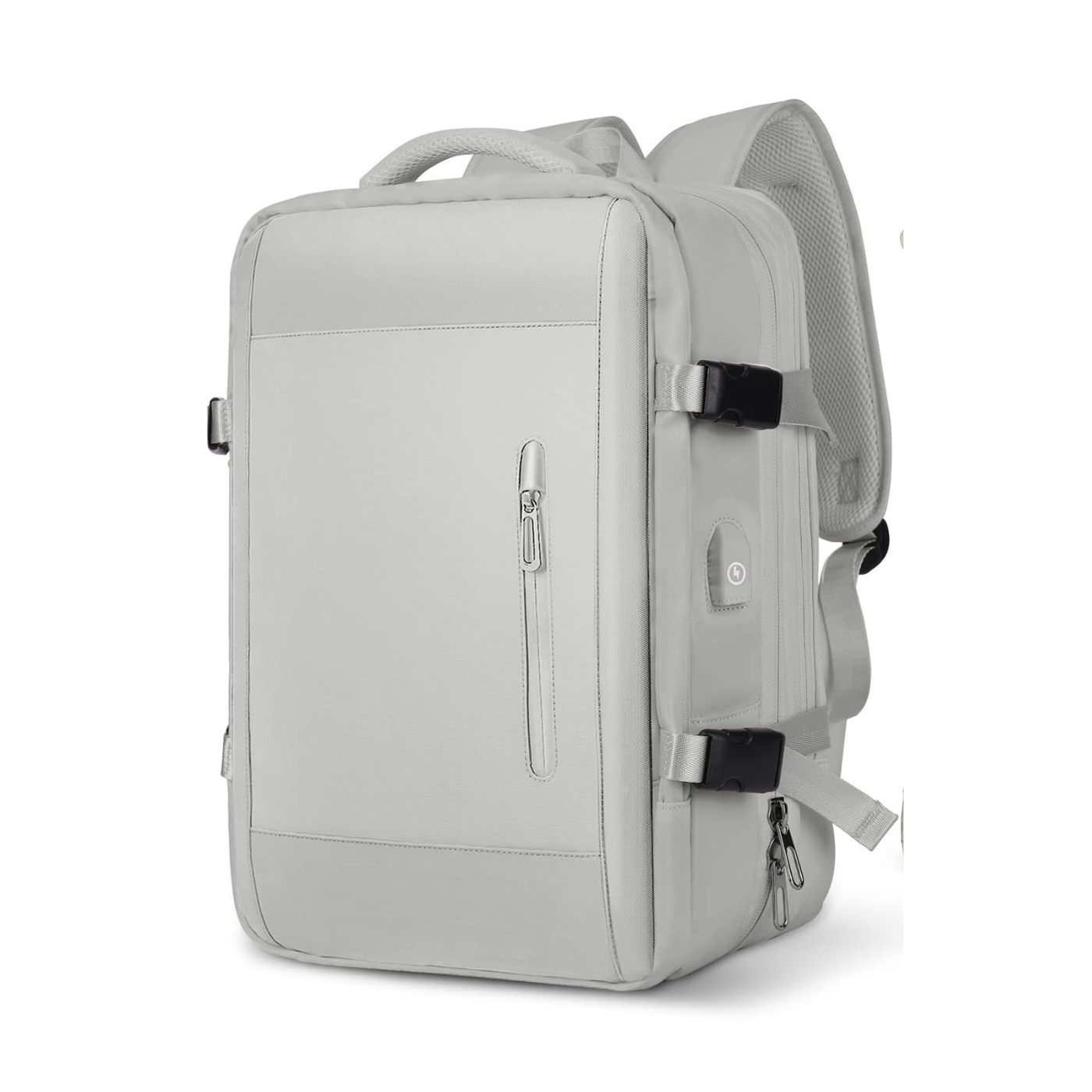 Expandable travel backpack in light gray, water-resistant with multiple compartments, feminine style, TSA zipper access, laptop pocket, shoe and wet item sections, and USB charging port. 