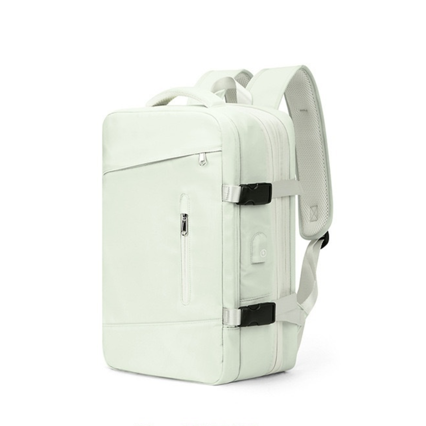 Expandable travel backpack in light mint green, water-resistant with multiple compartments, cute feminine style, TSA zipper access, laptop pocket, shoe and wet item sections, and USB charging port. 