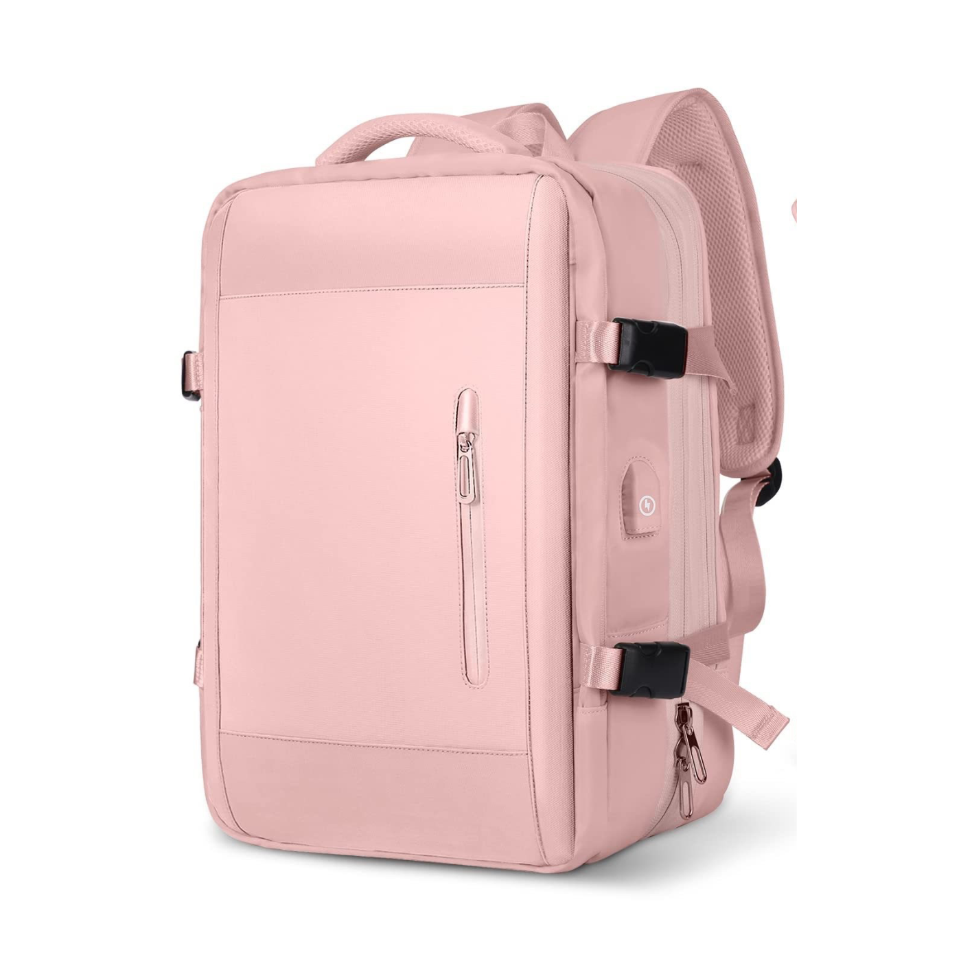 Expandable travel backpack in light pink, water-resistant with multiple compartments, cute feminine style, TSA zipper access, laptop pocket, shoe and wet item sections, and USB charging port. 