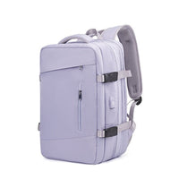 Expandable travel backpack in light purple, water-resistant with multiple compartments, cute feminine style, TSA zipper access, laptop pocket, shoe and wet item sections, and USB charging port. 