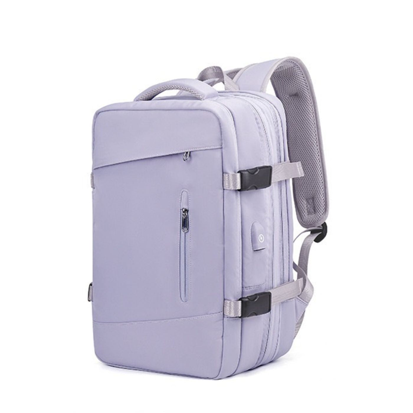 Expandable travel backpack in light purple, water-resistant with multiple compartments, cute feminine style, TSA zipper access, laptop pocket, shoe and wet item sections, and USB charging port. 