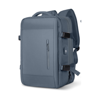 Expandable travel backpack in sleek blue, water-resistant with multiple compartments, feminine style, TSA zipper access, laptop pocket, shoe and wet item sections, and USB charging port. 