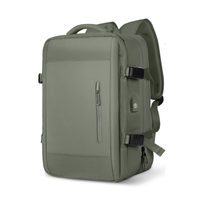 Extendable travel backpack in army green, water-resistant with multiple compartments, TSA zipper access, laptop pocket, shoe and wet item sections, and USB charging port. 