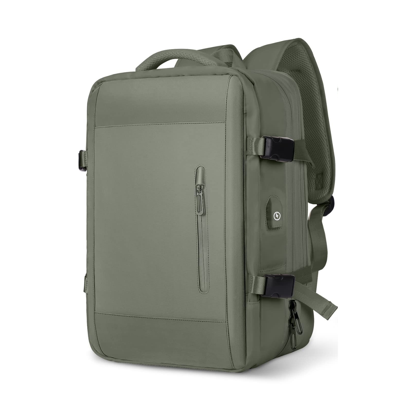 Extendable travel backpack in army green, water-resistant with multiple compartments, TSA zipper access, laptop pocket, shoe and wet item sections, and USB charging port. 