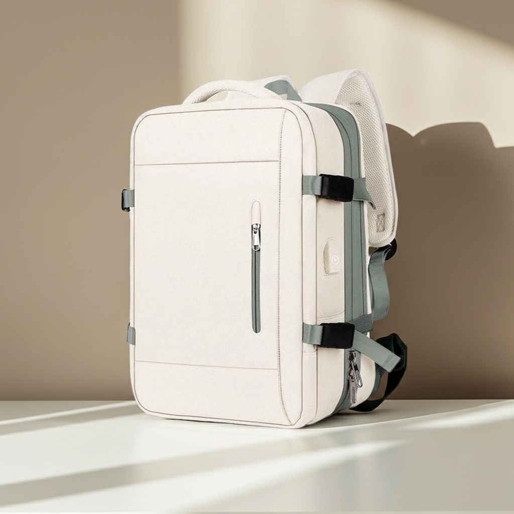 Extendable travel backpack in beige with green details, water-resistant with multiple compartments, TSA zipper access, laptop pocket, shoe and wet item sections, and USB charging port.