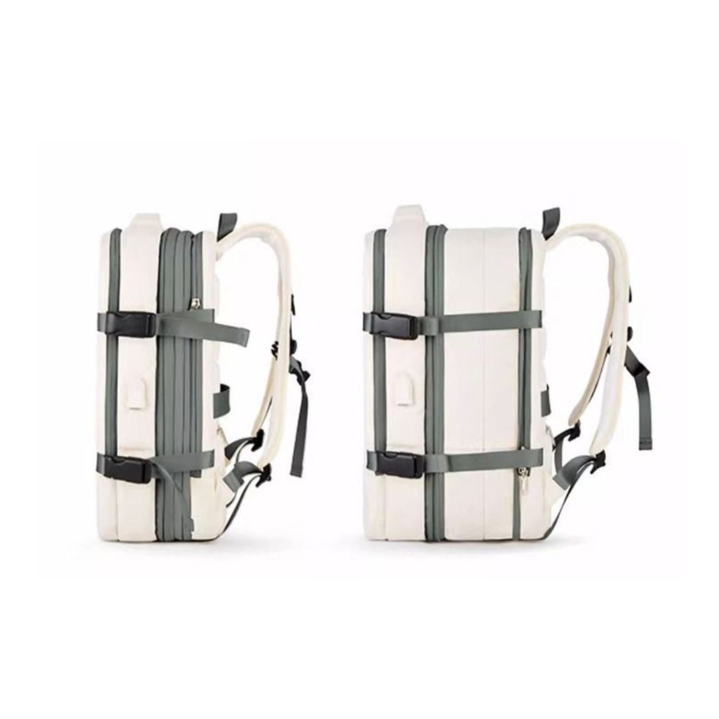 Extendable travel backpack in beige with green details, water-resistant with multiple compartments, TSA zipper access, laptop pocket, shoe and wet item sections, and USB charging port. Side view of expansion.