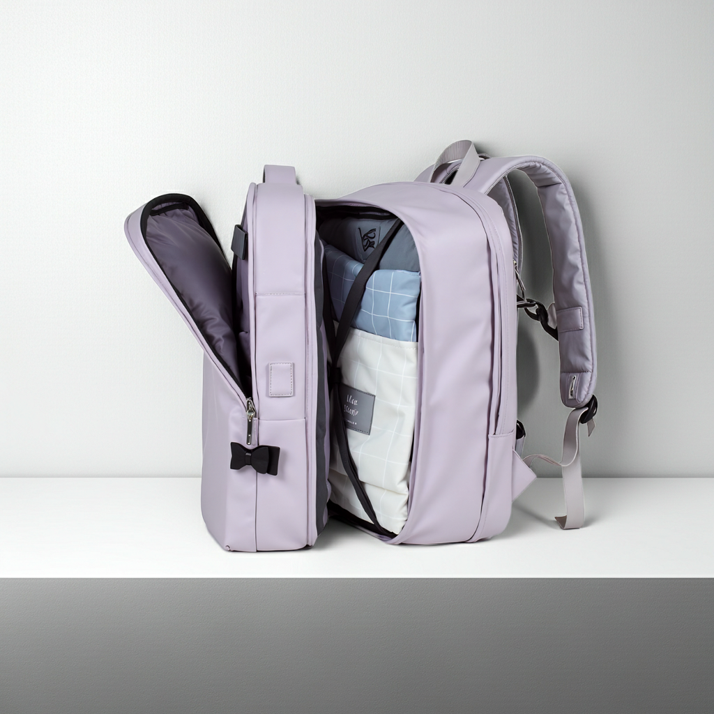 Extendable travel backpack in purple with open compartments, water-resistant with multiple compartments, TSA zipper access, laptop pocket, shoe and wet item sections, and USB charging port.