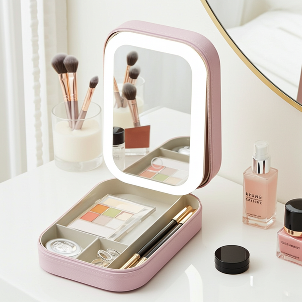Pink makeup organizer with mirror on a white surface with cosmetic items.