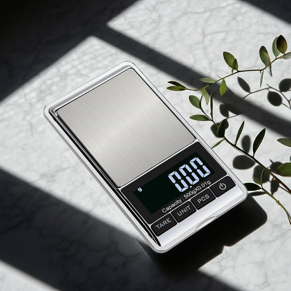 Digital pocket scale on a light surface with a plant in the background