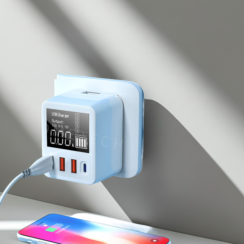 White 4-port travel wall charger with USB, Type-C, and QC3.0 outputs, compact and designed for international travel charging needs.