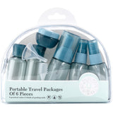 A set of refillable cosmetic containers in blue and clear colors, including various sizes with pump and spray nozzles, intended for travel use.