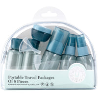 A set of refillable cosmetic containers in blue and clear colors, including various sizes with pump and spray nozzles, intended for travel use.