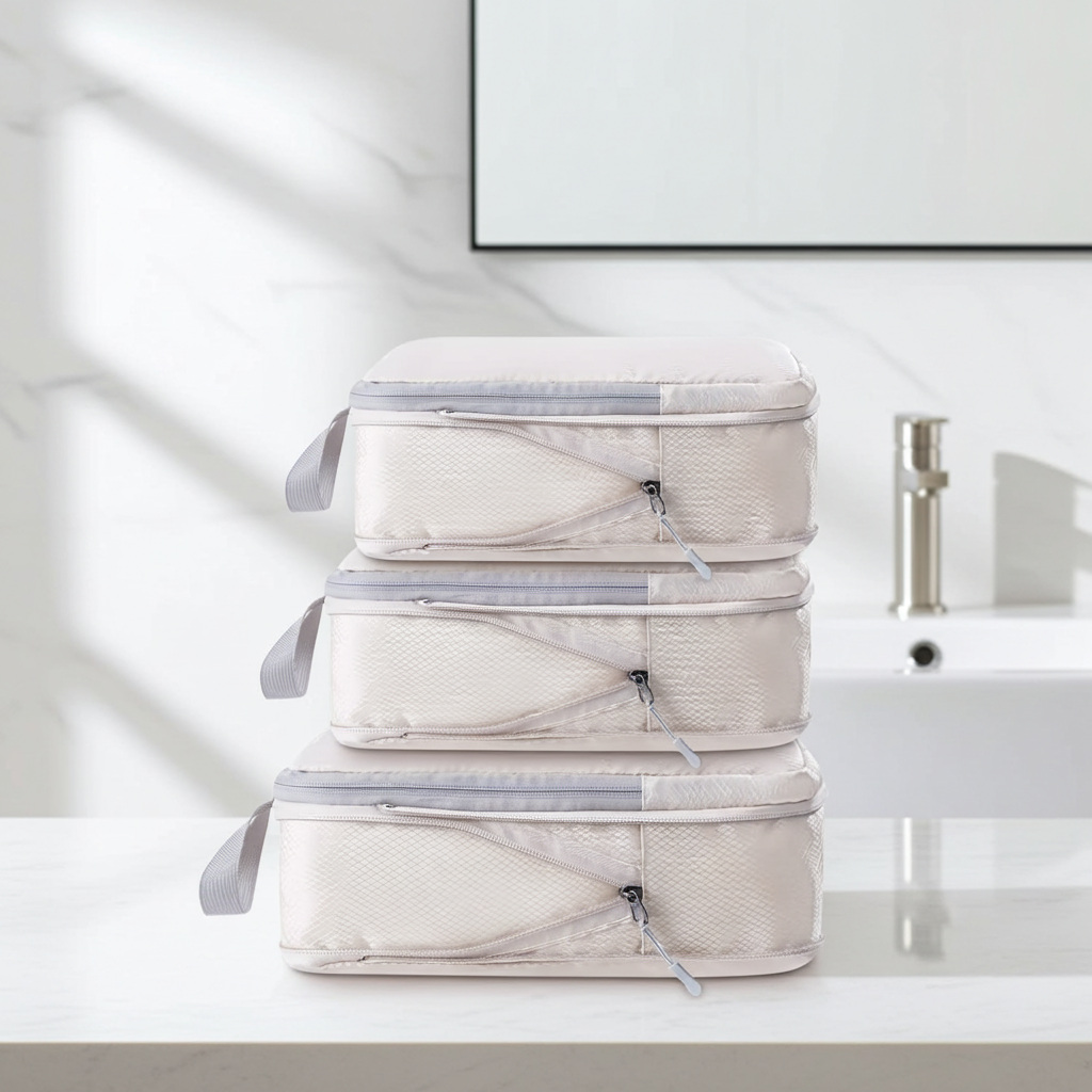 Stack of beige compression packing cubes with clear straps on a white surface