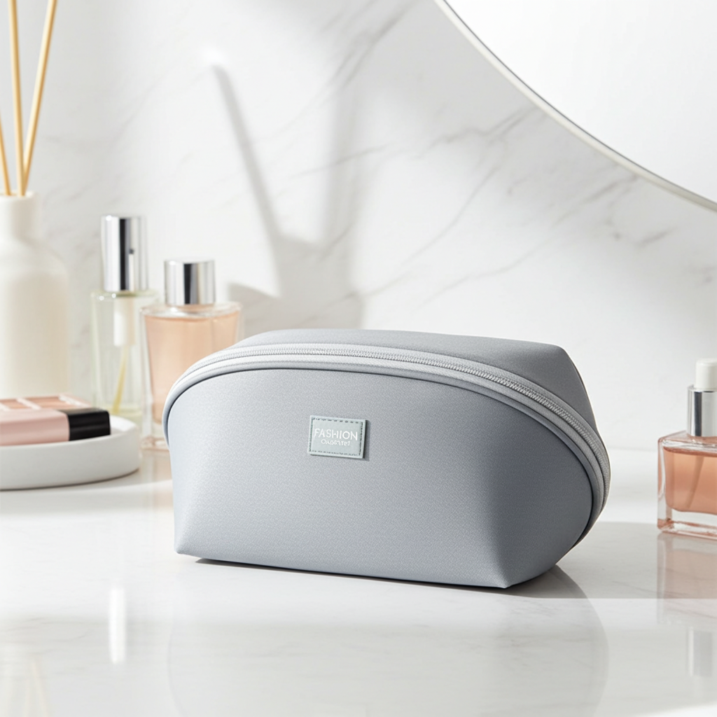 Gray cosmetic bag on a bathroom counter with perfumes in the background