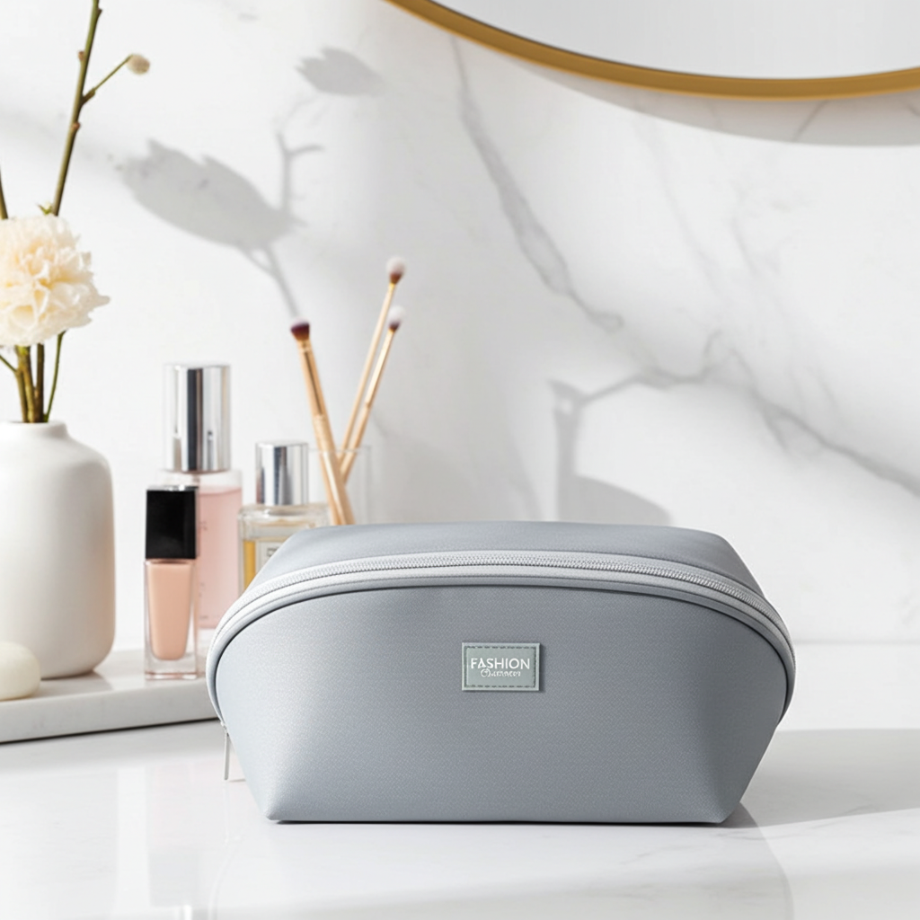 Gray travel cosmetic organizer bag on a vanity with skincare products and a mirror in the background