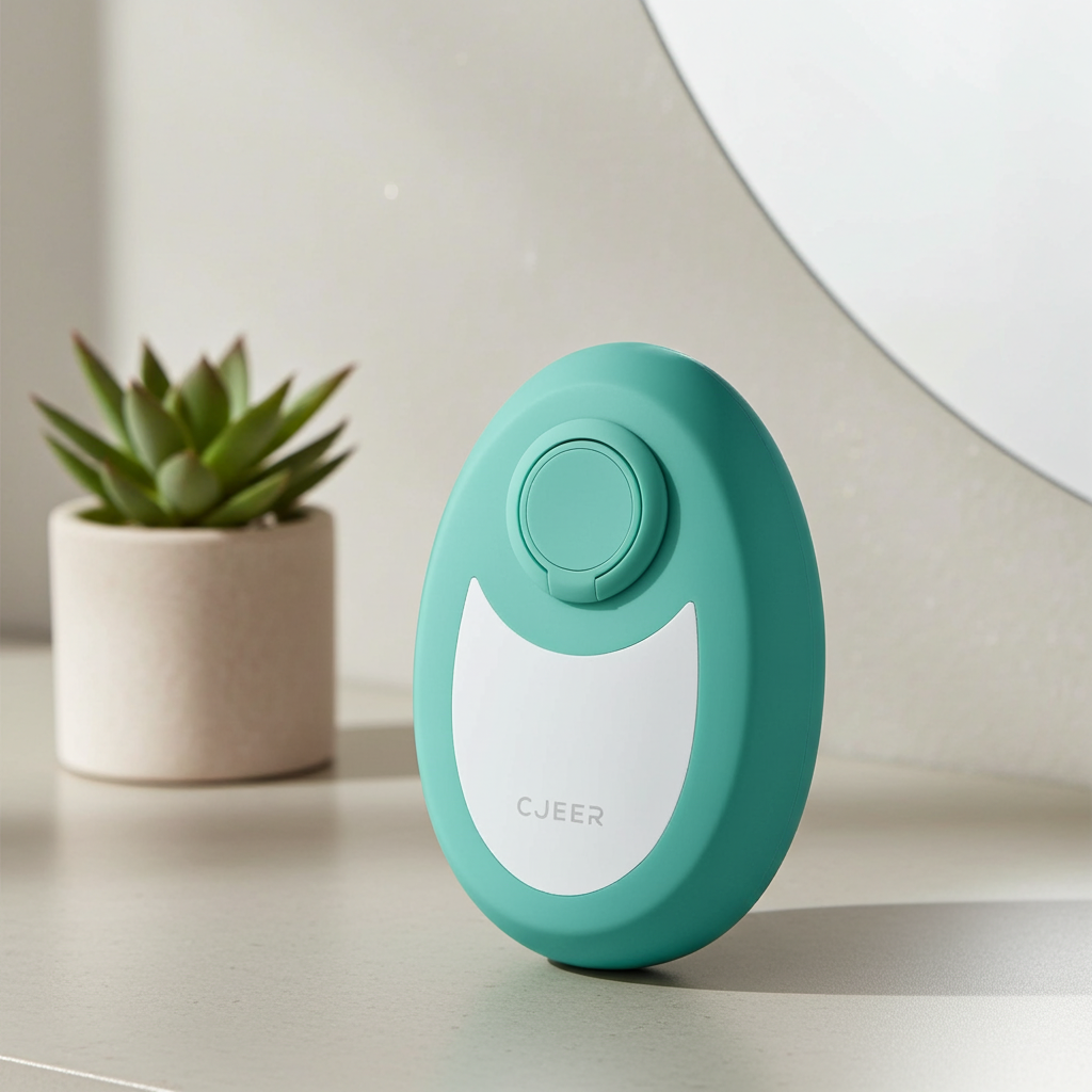 Crystal smooth skin hair remover with nano-glass surface in teal, compact handheld hair removal tool with ergonomic finger ring, shown in a clean minimalist setting.