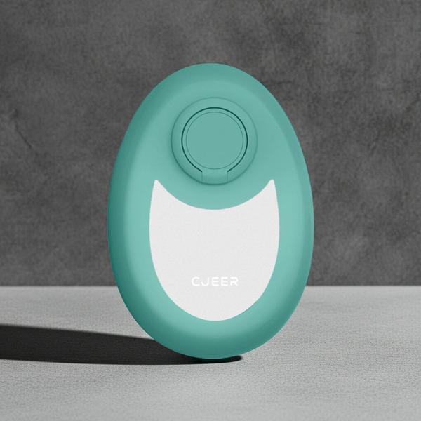 Crystal smooth skin hair remover with nano-glass surface in teal, compact handheld hair removal tool with ergonomic finger ring, shown in a clean minimalist setting.