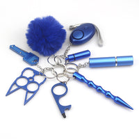 Travel-friendly self-defense keychain tools attached to matching lanyard, showing compact size and stylish color-coordinated design for women.