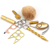Travel-friendly self-defense keychain tools attached to matching lanyard, showing compact size and stylish color-coordinated design for women.