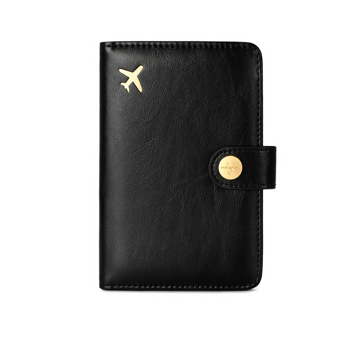 Black leather travel passport valuables organizer with gold airplane emblem and button on a white background