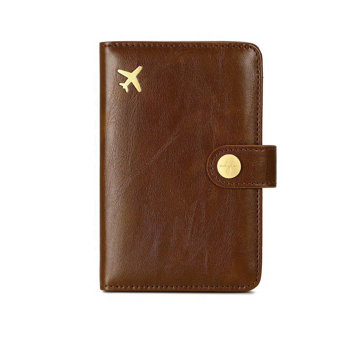 Brown leather travel passport valuables organizer with gold airplane emblem and button on a white background